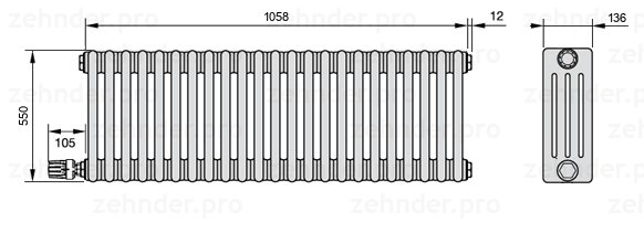 Схема (чертеж) Радиатор Zehnder Charleston 4055/23 №V004 Белый глянцевый RAL 9016